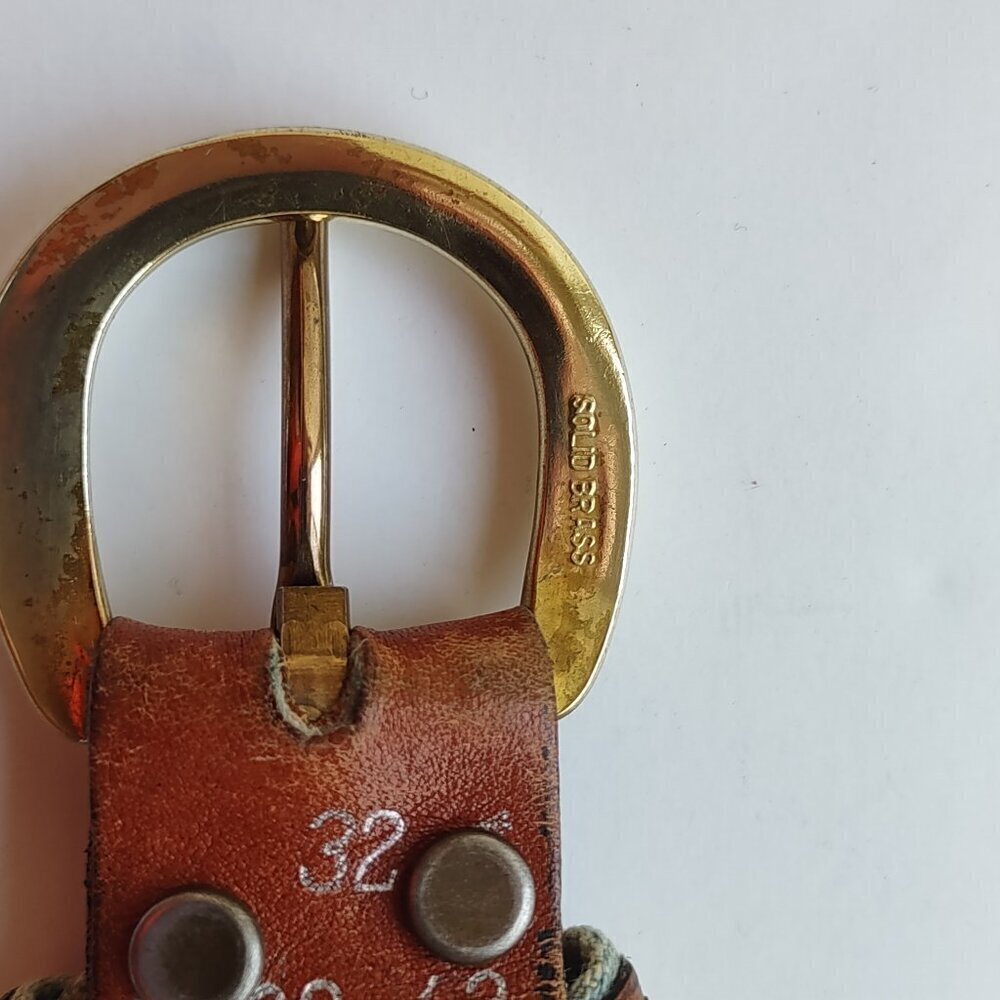 Vintage LEVI'S Hand Braided Leather & Denim Belt Orange Tab Brass Buckle Sz 32 - Picture 9 of 13